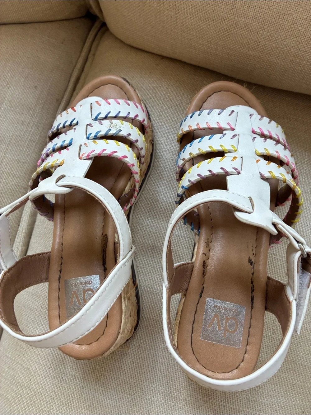 DV by Dolce Vita Girls White Leather Sandals with Multicolor Stitching